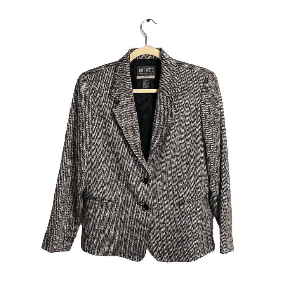 Lafayette 148 New York 100% Wool Tweed Button Front Blazer White Size Petite 10
